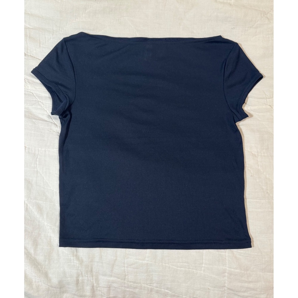 NWOT H&M Divided Navy Blue Ribbed Boat Neck Cropped Short Sleeve Tee Shirt Small